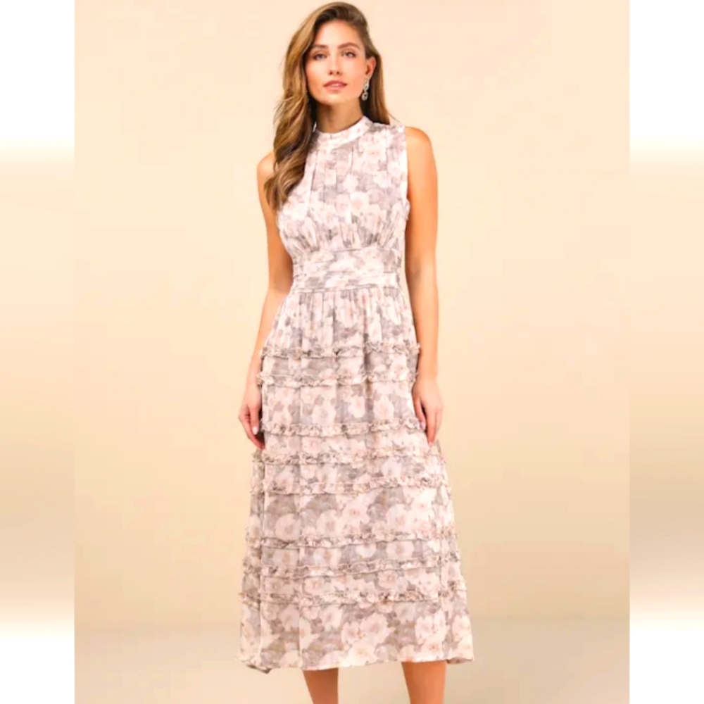 Happily Sweet Beige Floral Mock Neck Backless Midi Dress, Large